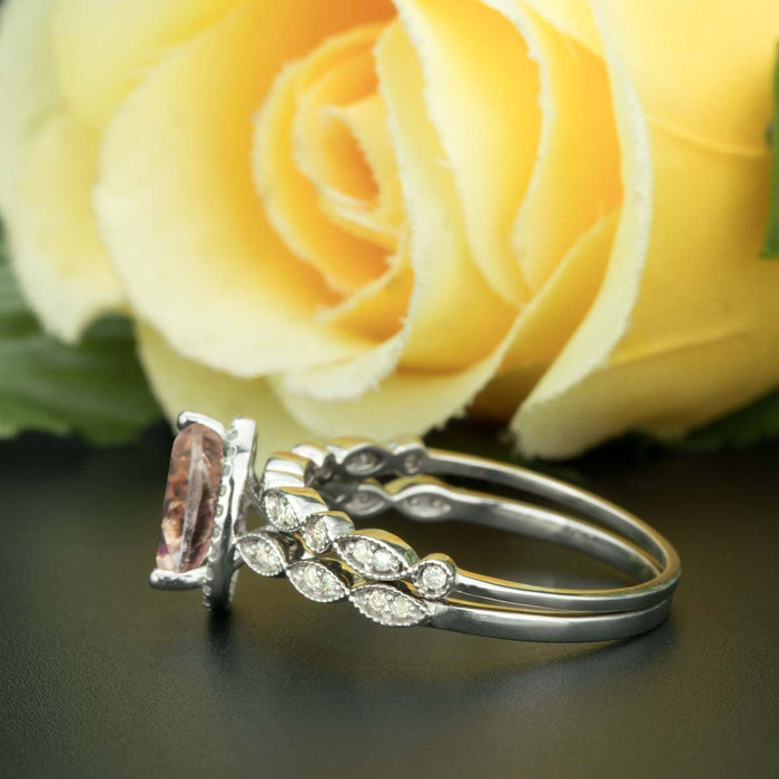1.50 Carat Pear Cut Peach Morganite and Diamond Bridal Ring Set in White Gold Classic Ring