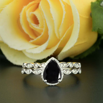 1.5 Carat Pear Cut Halo Black Diamond and Diamond Wedding Ring Set in 9k White Gold Vintage Ring