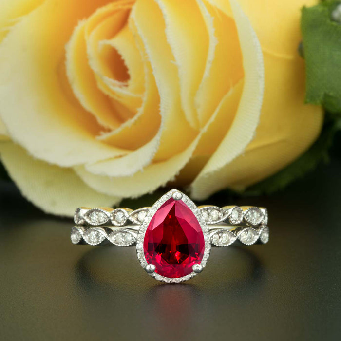 1.5 Carat Pear Cut Halo Ruby and Diamond Wedding Ring Set in 9k White Gold Vintage Ring