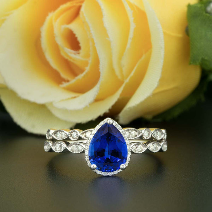 1.50 Carat Pear Cut Halo Sapphire and Diamond Wedding Ring Set in White Gold Vintage Ring