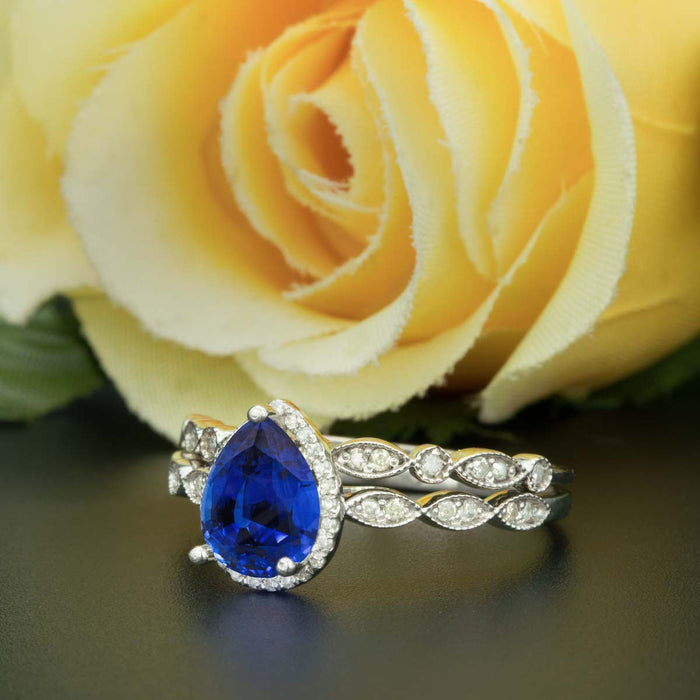 1.50 Carat Pear Cut Halo Sapphire and Diamond Wedding Ring Set in White Gold Vintage Ring