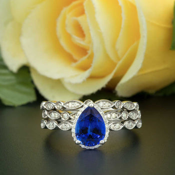 2 Carat Pear Cut Halo Sapphire and Diamond Trio Wedding Ring Set in White Gold Vintage Ring