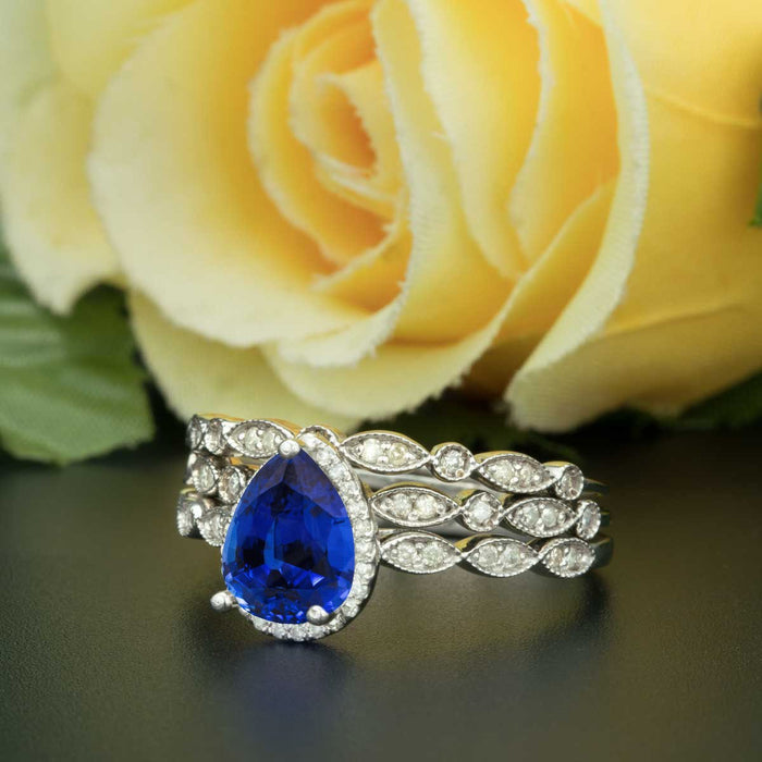 2 Carat Pear Cut Halo Sapphire and Diamond Trio Wedding Ring Set in White Gold Vintage Ring