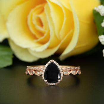 1.5 Carat Pear Cut Halo Black Diamond and Diamond Ring with Classic Wedding Band in 9k Rose Gold