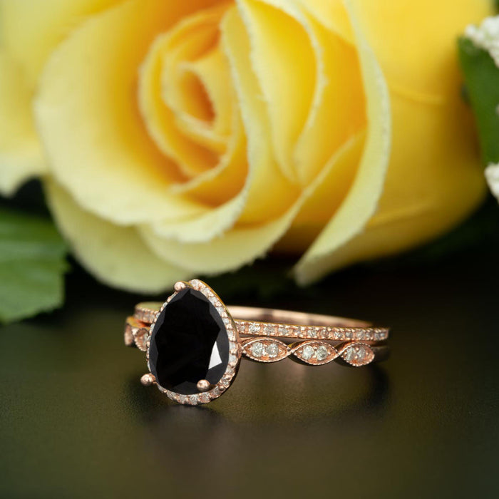 1.5 Carat Pear Cut Halo Black Diamond and Diamond Ring with Classic Wedding Band in 9k Rose Gold