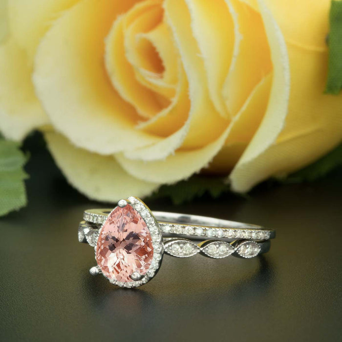 Art Deco 1.5 Carat Pear Cut Peach Morganite and Diamond Wedding Ring Set in 9k White Gold Classic Ring
