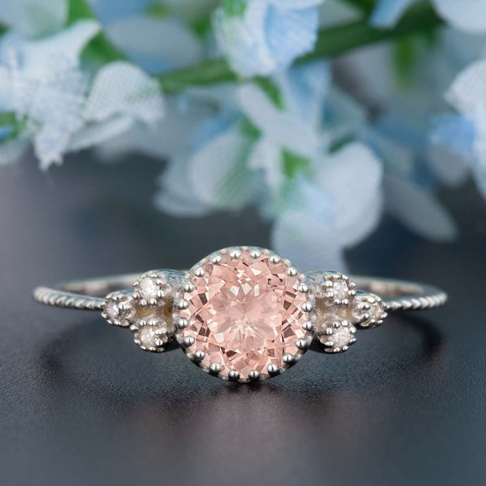 Beautiful 1.25 Carat Round Cut Peach Morganite and Diamond Engagement Ring in White Gold Handmade