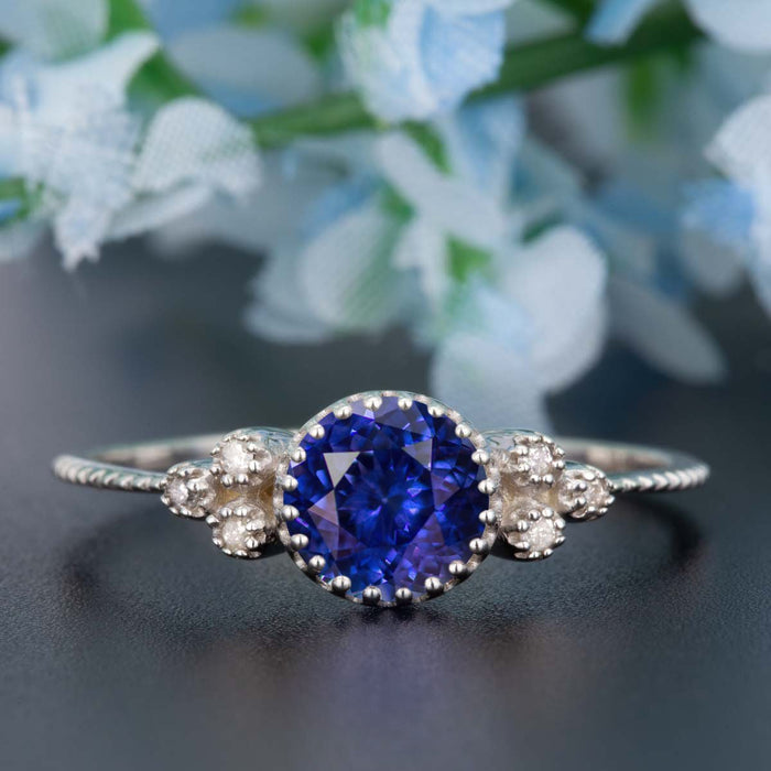 Art Deco 1.25 Carat Round Cut Sapphire and Diamond Engagement Ring in White Gold