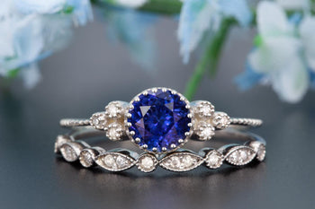 Art Deco 1.50 Carat Round Cut Sapphire and Diamond Wedding Ring Set in White Gold