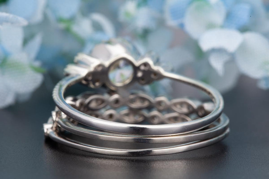 Art Deco 2 Carat Round Cut Sapphire and Diamond Trio Wedding Ring Set in White Gold
