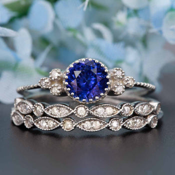 Art Deco 2 Carat Round Cut Sapphire and Diamond Trio Wedding Ring Set in White Gold