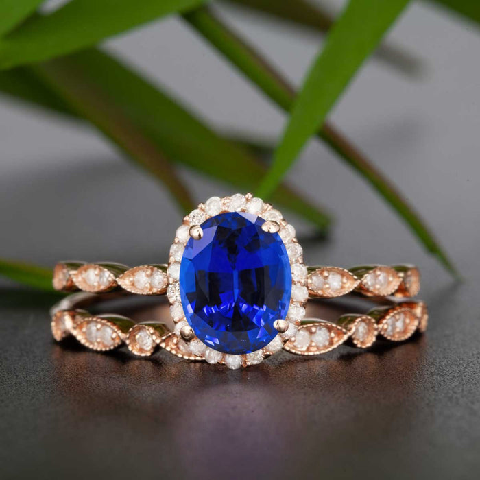 Timeless 1.50 Carat Oval Cut Sapphire and Diamond Bridal Ring Set in Rose Gold