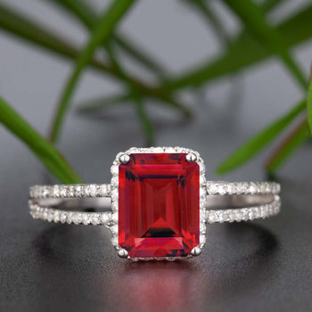 1.25 Carat Emerald Cut Ruby and Diamond Engagement Ring in 9k White Gold