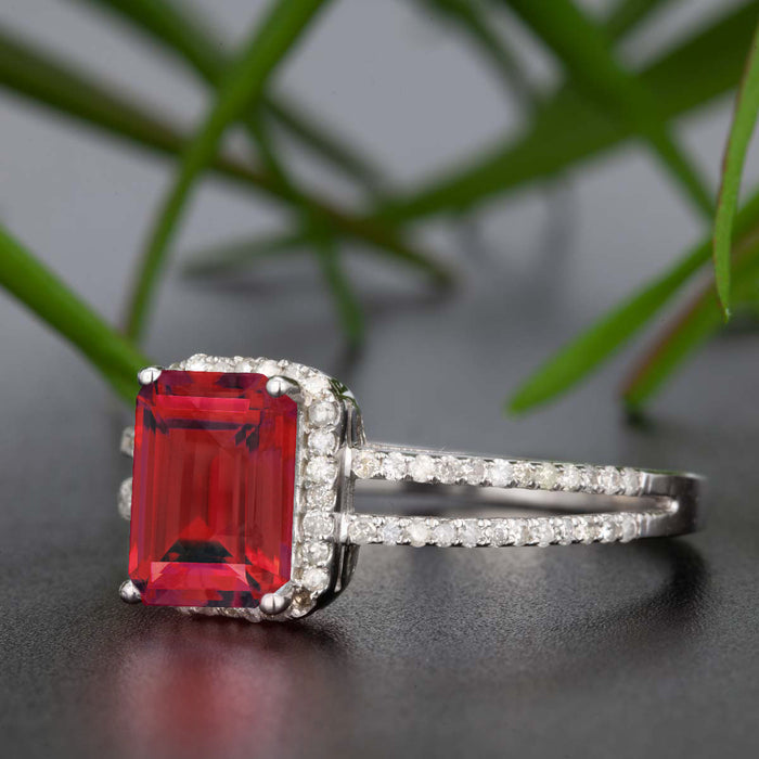 1.25 Carat Emerald Cut Ruby and Diamond Engagement Ring in 9k White Gold