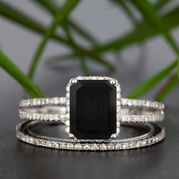 1.5 Carat Emerald Cut Black Diamond and Diamond Wedding Ring Set in 9k White Gold