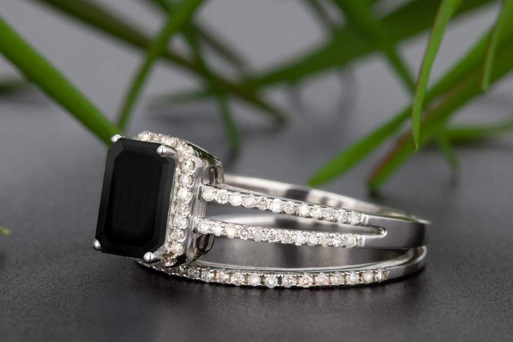 1.50 Carat Emerald Cut Black Diamond and Diamond Wedding Ring Set in White Gold