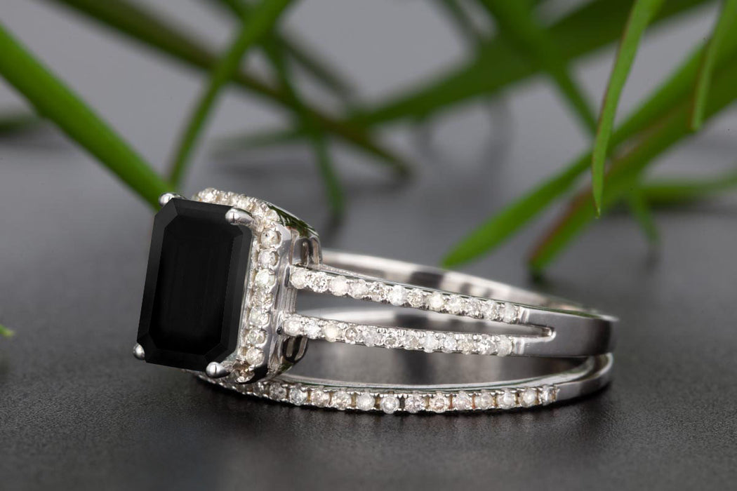 1.5 Carat Emerald Cut Black Diamond and Diamond Wedding Ring Set