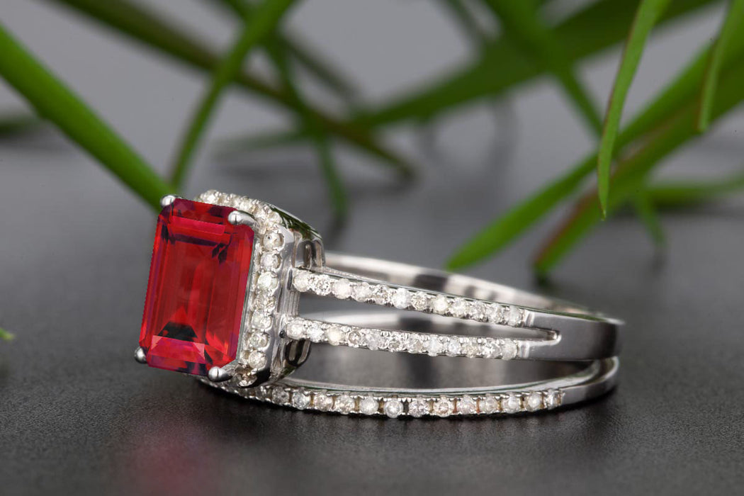 1.5 Carat Emerald Cut Ruby and Diamond Wedding Ring Set in 9k White Gold