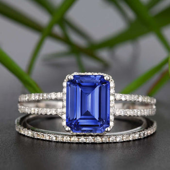 1.50 Carat Emerald Cut Sapphire and Diamond Wedding Ring Set in White Gold