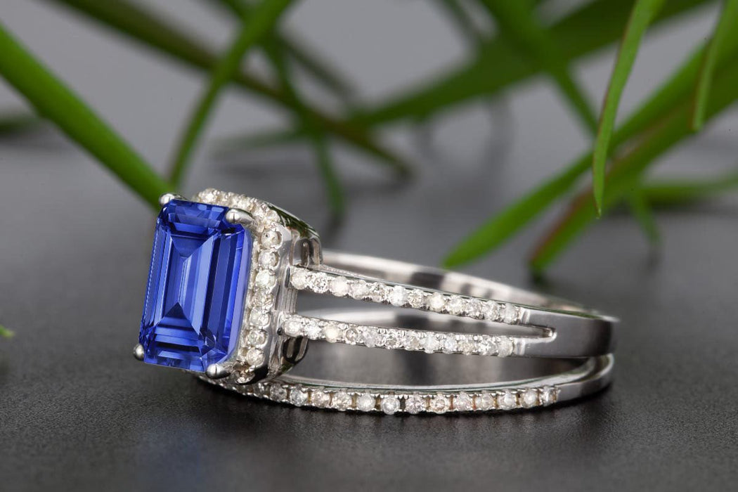 1.50 Carat Emerald Cut Sapphire and Diamond Wedding Ring Set in White Gold