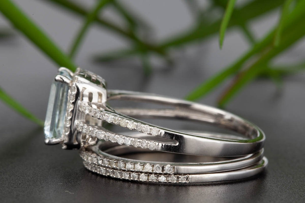 2 Carat Emerald Cut Sapphire and Diamond Trio Wedding Ring Set in White Gold