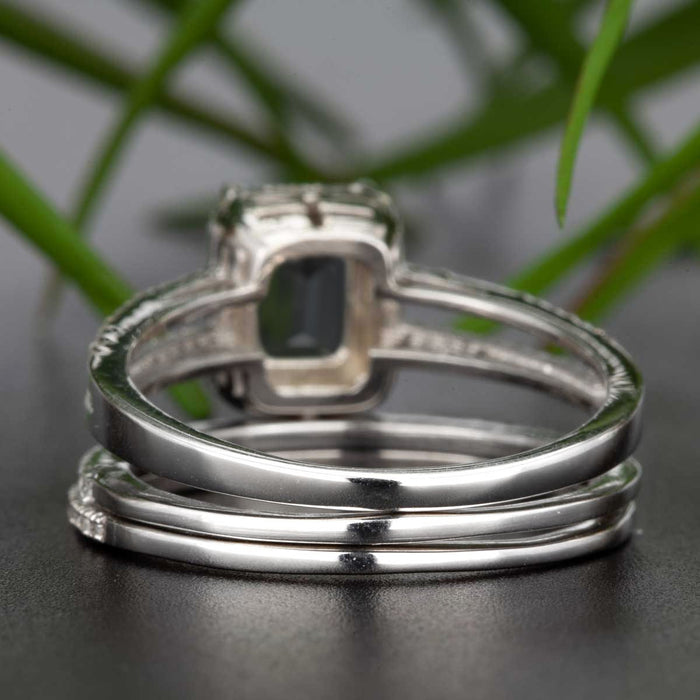 2 Carat Emerald Cut Black Diamond and Diamond Trio Wedding Ring Set in White Gold