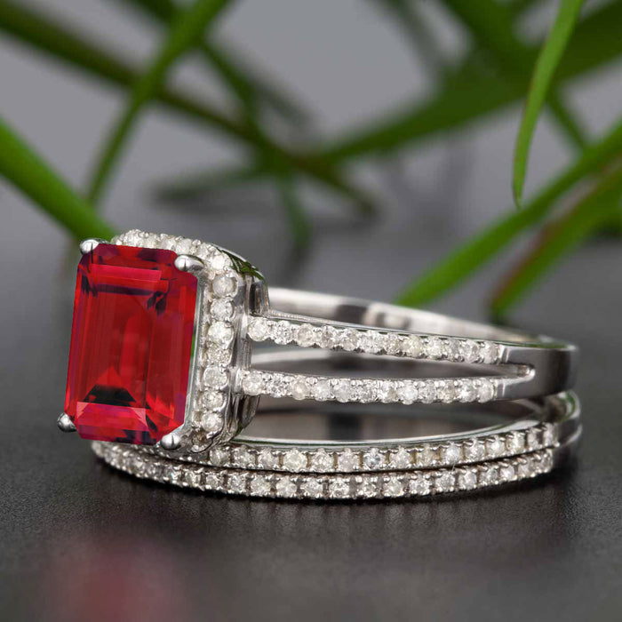 2 Carat Emerald Cut Ruby and Diamond Trio Wedding Ring Set in 9k White Gold