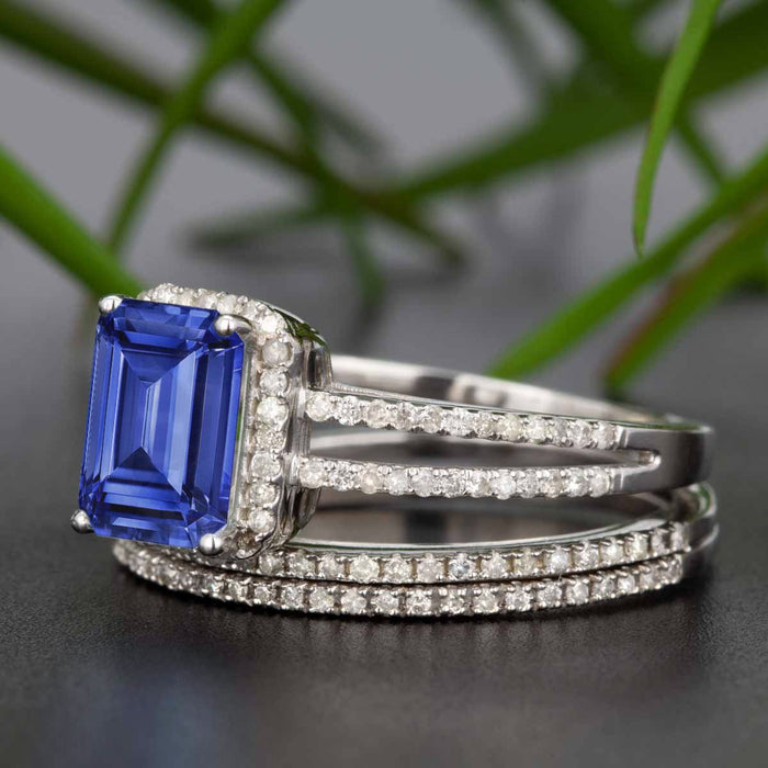 2 Carat Emerald Cut Sapphire and Diamond Trio Wedding Ring Set in White Gold