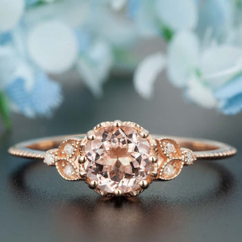 Antique 1.25 Carat Round Cut Peach Morganite and Diamond Engagement Ring in Rose Gold Affordable Ring