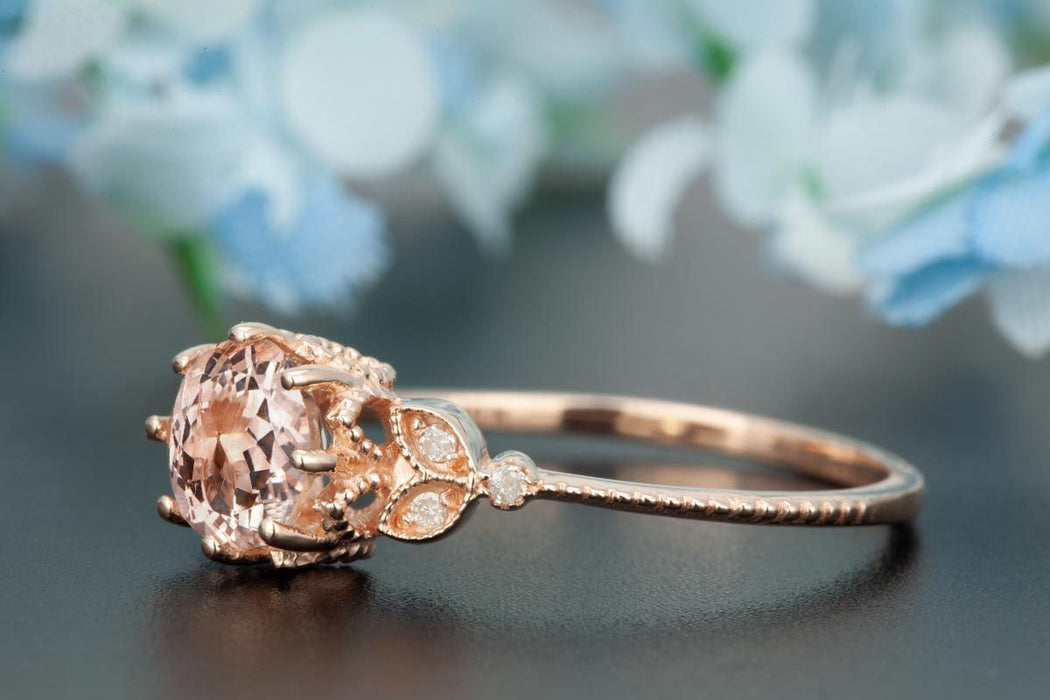 Antique 1.25 Carat Round Cut Peach Morganite and Diamond Engagement Ring in Rose Gold Affordable Ring