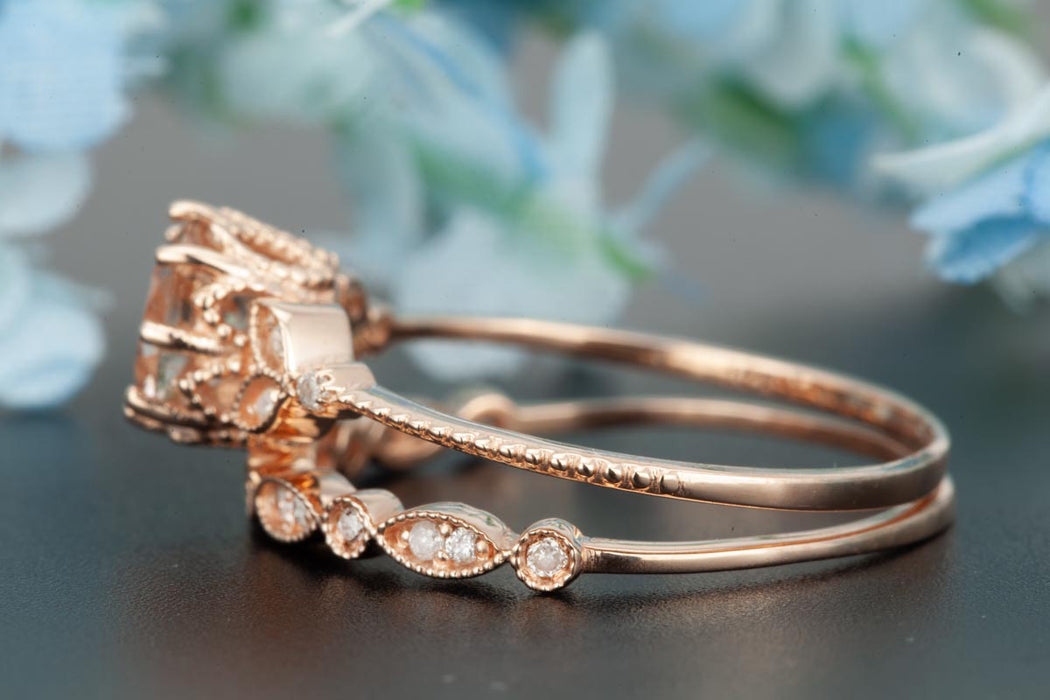 1.5 Carat Round Cut Ruby and Diamond  Bridal Ring Set in 9k Rose Gold Timeless Ring