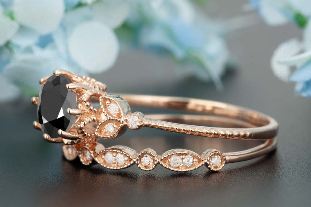 1.50 Carat Round Cut Black Diamond and Diamond  Bridal Ring Set in Rose Gold Timeless Ring