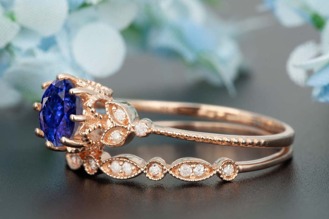 1.50 Carat Round Cut Sapphire and Diamond  Bridal Ring Set in Rose Gold Timeless Ring