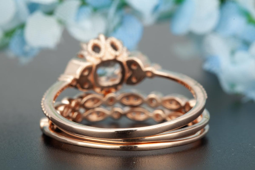 2 Carat Carat Round Cut Ruby and Diamond Trio Bridal Ring Set in 9k Rose Gold Timeless Ring