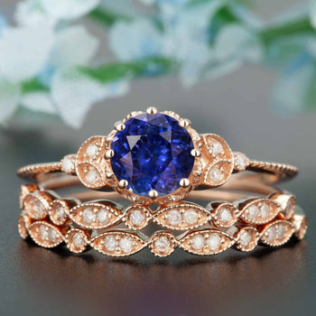 2 Carat  Round Cut Sapphire and Diamond Trio Bridal Ring Set in Rose Gold Timeless Ring