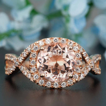 Art Deco 1.25 Carat Round Cut Peach Morganite and Diamond Engagement Ring in Rose Gold Stunning Ring
