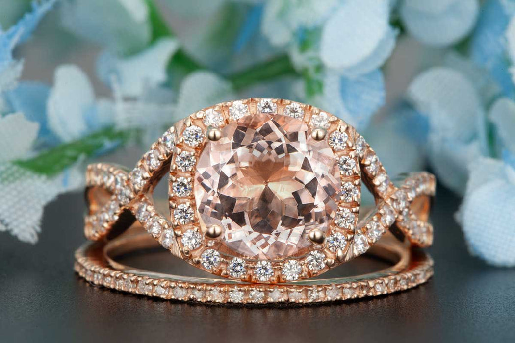 1.5 Carat Round Cut Peach Morganite and Diamond Wedding Ring Set in 9k Rose Gold Stunning Ring