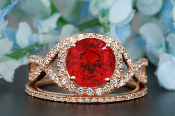 Big 1.5 Carat Round Cut Ruby and Diamond Wedding Ring Set in 9k Rose Gold