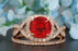 Big 1.5 Carat Round Cut Ruby and Diamond Wedding Ring Set in 9k Rose Gold