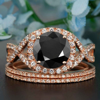 Big 2 Carat Round Cut Black Diamond and Diamond Trio Wedding Ring Set in Rose Gold