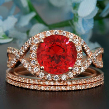 Big 2 Carat Round Cut Ruby and Diamond Trio Wedding Ring Set in 9k Rose Gold
