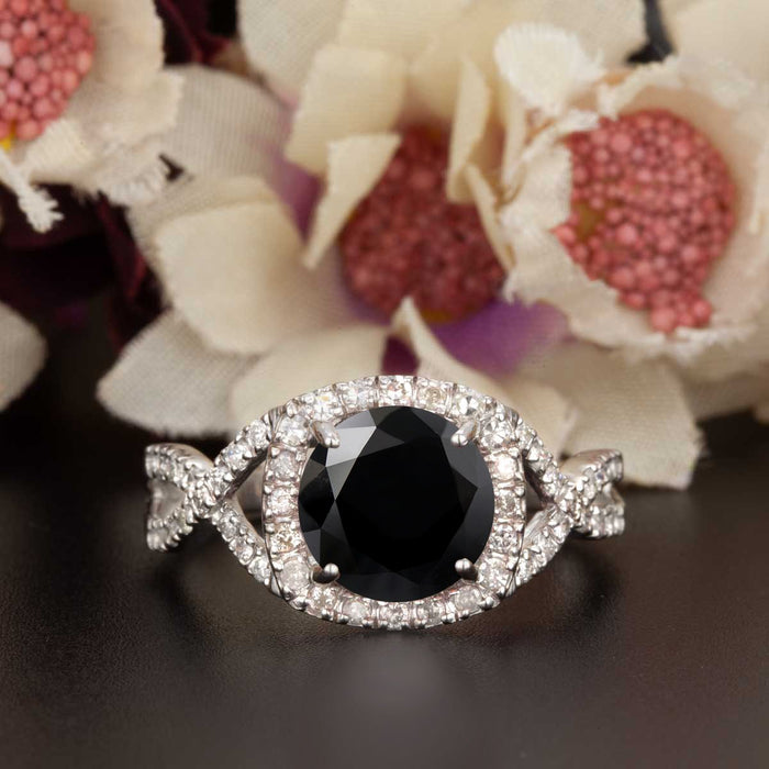 Big 1.25 Carat Round Cut Black Diamond and Diamond Engagement Ring in White Gold