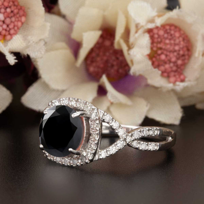 Big 1.25 Carat Round Cut Black Diamond and Diamond Engagement Ring in White Gold