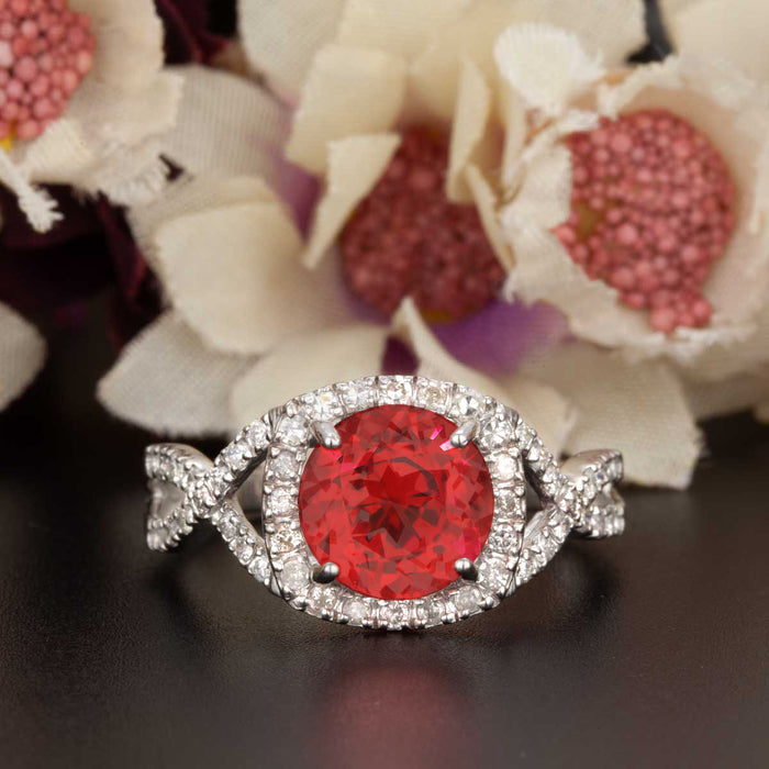 Big 1.25 Carat Round Cut Ruby and Diamond Engagement Ring in 9k White Gold