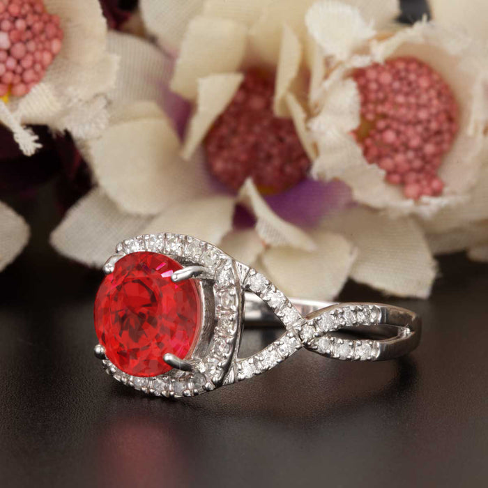 Big 1.25 Carat Round Cut Ruby and Diamond Engagement Ring in 9k White Gold
