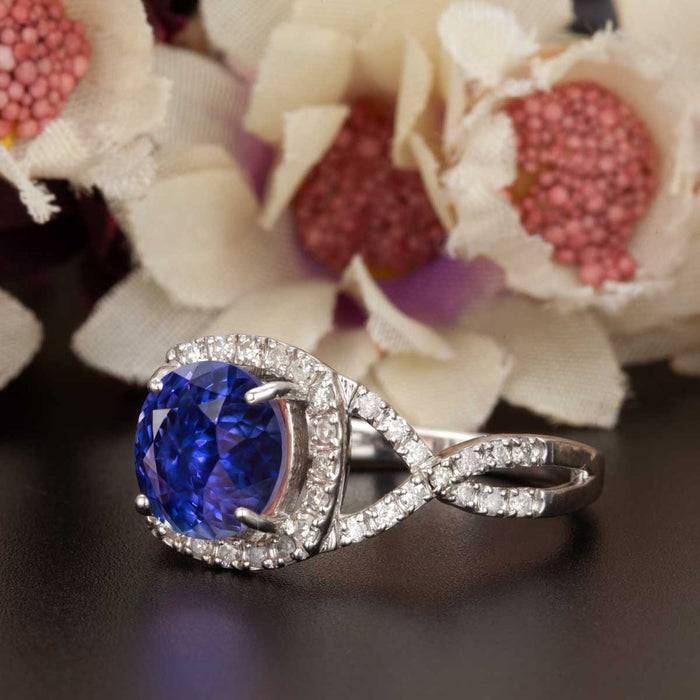 Big 1.25 Carat Round Cut Sapphire and Diamond Engagement Ring in White Gold