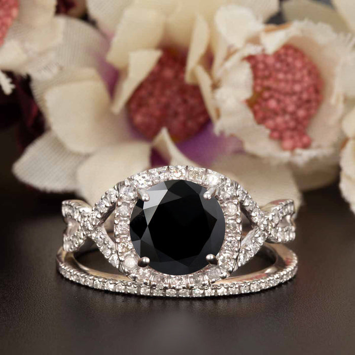 Big 1.5 Carat Round Cut Black Diamond and Diamond Wedding Ring Set in 9k White Gold
