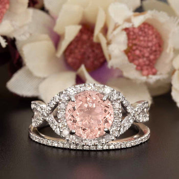 1.50 Carat Round Cut Peach Morganite and Diamond Wedding Ring Set in White Gold Stunning Ring