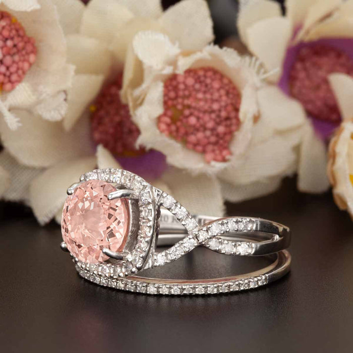 1.50 Carat Round Cut Peach Morganite and Diamond Wedding Ring Set in White Gold Stunning Ring