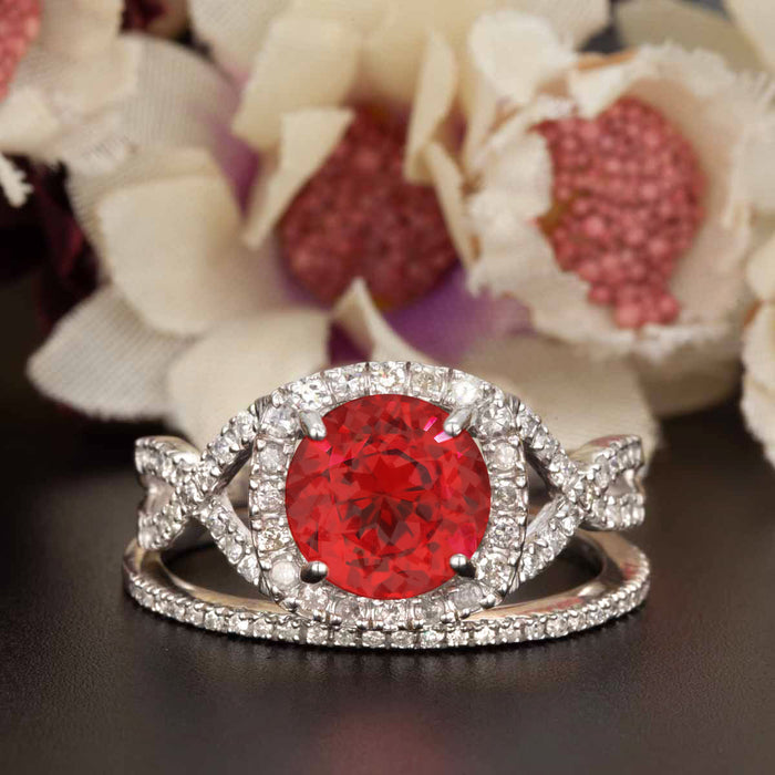 Big 1.5 Carat Round Cut Ruby and Diamond Wedding Ring Set in 9k White Gold